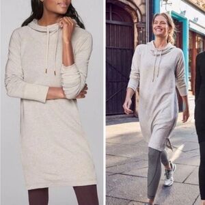 ATHLETA Md Pimlico Sweatshirt Hoodie Dress Tunic Oatmeal Stretch Thumbholes NICE